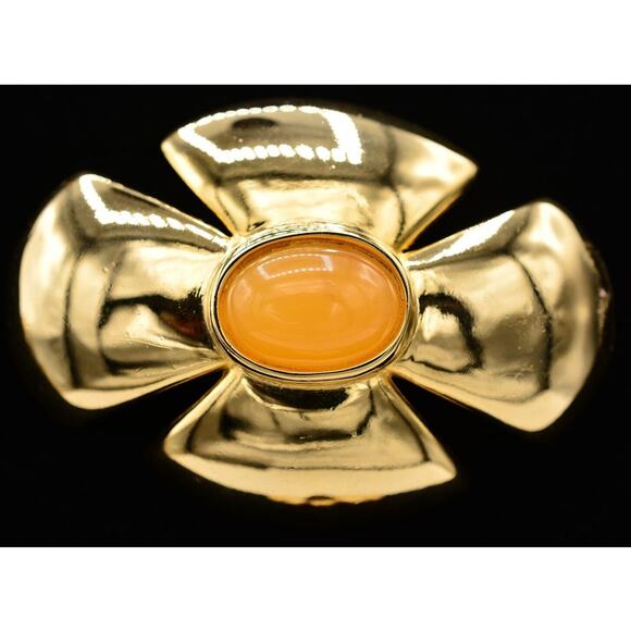 Givenchy Vintage Cabochon Pin Brooch Gold Orange Flower Cross Signed 1980s BinAH - Picture 1 of 12